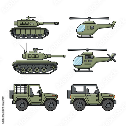 Military Vehicles Tanks, Helicopters, and Jeeps -  Detailed Illustrations