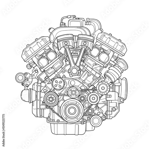 Detailed front view of a complex engine block, pistons and various mechanical components