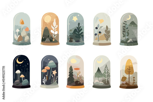 Terrarium Forest Icon Set – Seasonal Miniature Landscapes