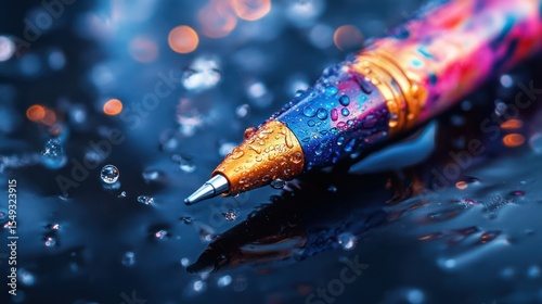 Wet colorful pen, reflective surface, bokeh background, writing tool