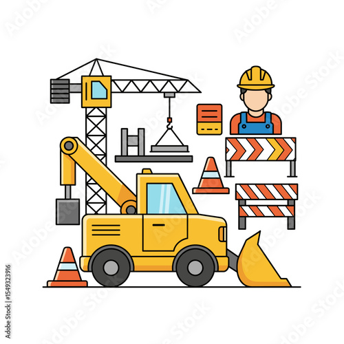 Construction Site Illustration Crane, Excavator, and Worker