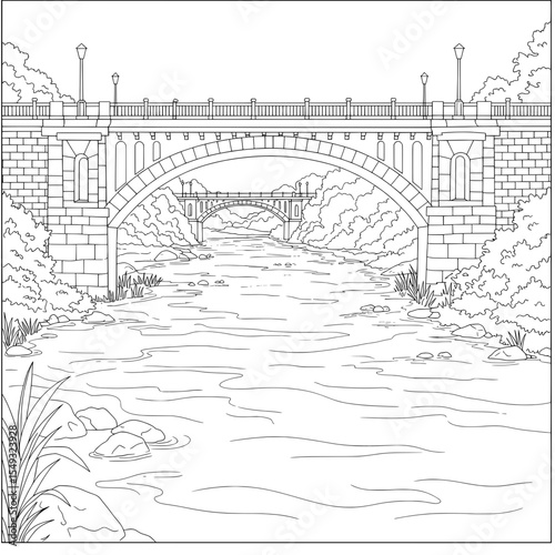 Line art of a serene river scene with two arched bridges spanning over the water