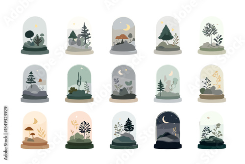 Terrarium Forest Icon Set – Seasonal Miniature Landscapes