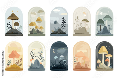 Terrarium Forest Icon Set – Seasonal Miniature Landscapes
