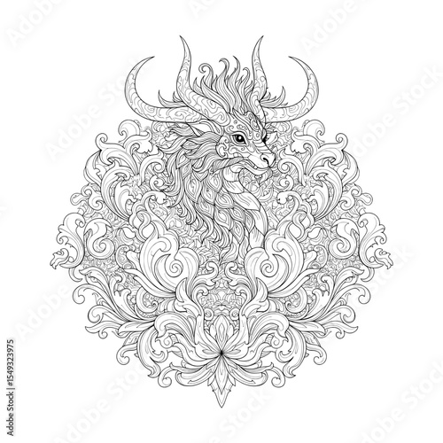 Intricate line art dragon with flowing mane, spiral horns, & ornate ornamental details