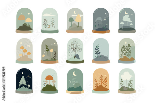 Terrarium Forest Icon Set – Seasonal Miniature Landscapes