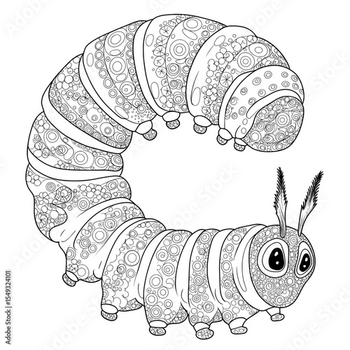 Detailed caterpillar with patterns coloring page design on white backdrop, line art