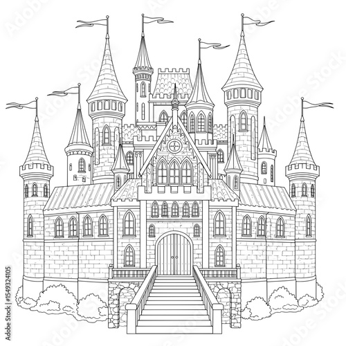 Castle illustration with stone walls, towers, flags, windows, roofs, and an arched entry
