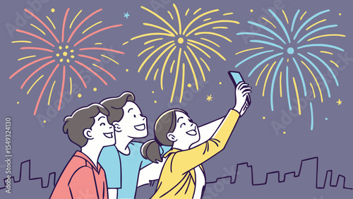  Three figures joyfully capture the vibrant bursts of fireworks illuminating a night cityscape through a mobile device. A moment of pure delight under the colorful explosions.