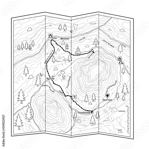 Detailed illustrated map with trails, hills, rivers, campgrounds, and marked destinations