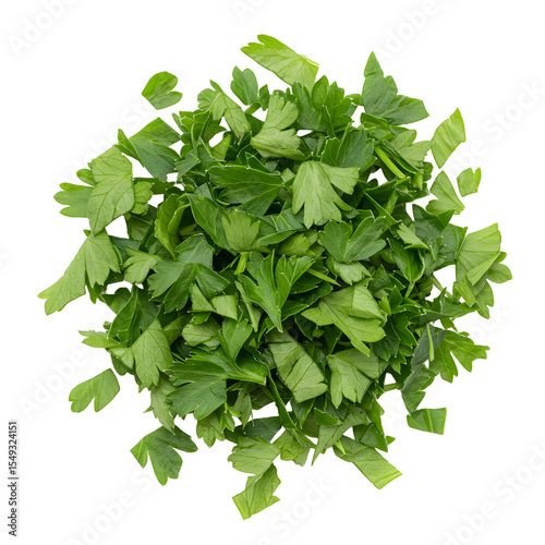 Chopped fresh parsley herb pile vibrant green leaves on white