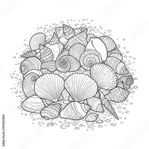 Assortment of shells illustrated with spirals and lines on a grainy sandy texture