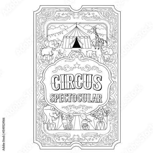 Line art depicts a circus scene with animals, tent, and decorative frame