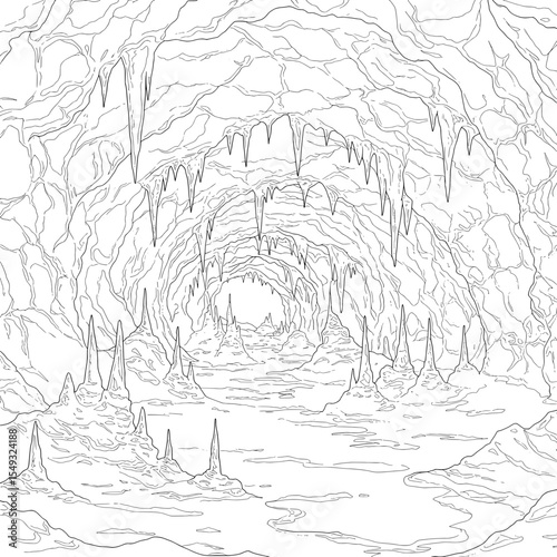 Cave Interior Intricate cave drawing with stalactites and detailed rock textures
