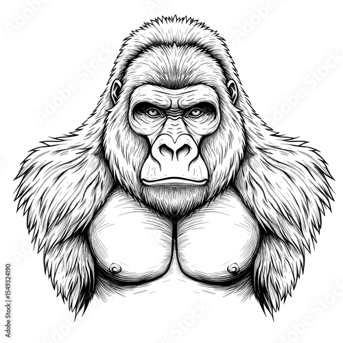 Gorilla portrait drawing. Detailed lines create texture and depth, intense gaze