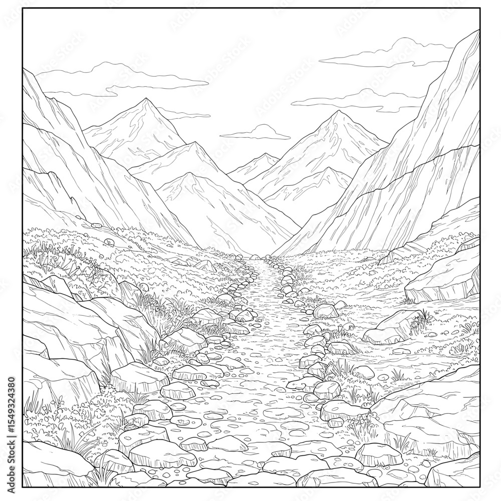 Fototapeta premium Mountains rise on both sides of a stony path in a sketched monochrome landscape