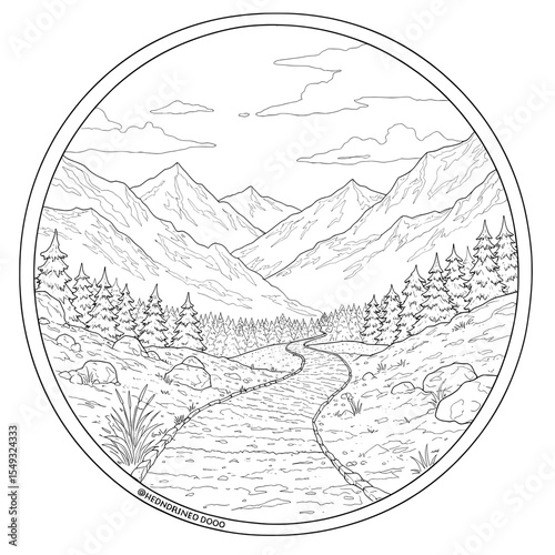 Mountainous scene, winding path, evergreen trees, framed with clouds above, sketched nature