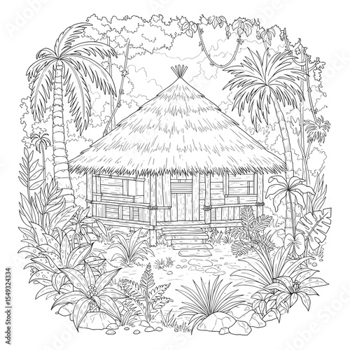 Jungle Hut Thatched-roof hut amidst tropical palms and jungle vines