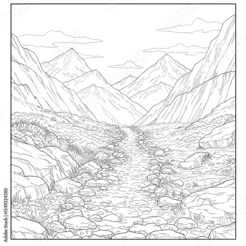 Mountains rise on both sides of a stony path in a sketched monochrome landscape