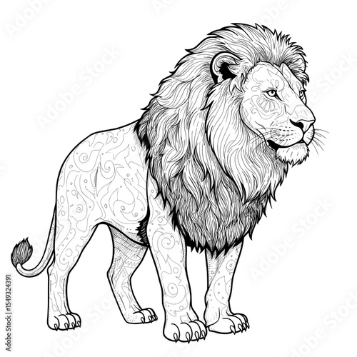 Ornate Illustration of a Lion with Intricate Details in Black and White Style