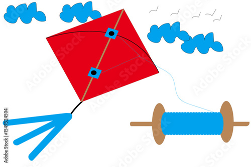 Traditional kite flying vector illustration with bright red kite, blue spool, clouds, and birds on white background for festive concepts

