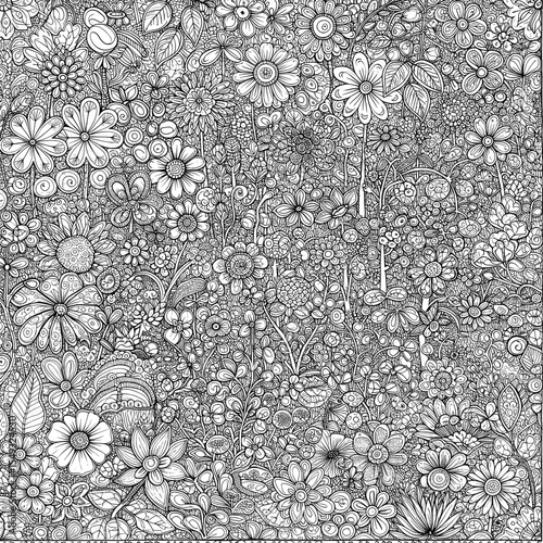 Black and white intricate floral pattern, leaves, stems, buds, dense, varied flowers