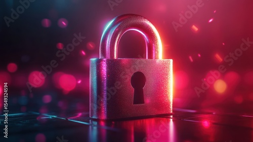 Cyber security padlock glowing neon, digital background, data protection