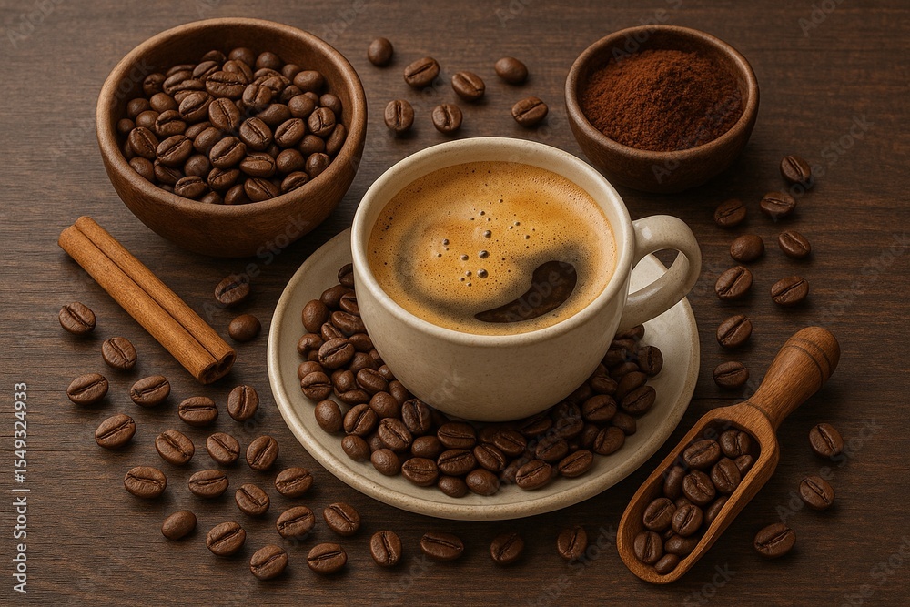 Freshly Brewed Coffee with Beans and Ground Powder on Wooden Table Freshly Brewed Coffee with Beans and Ground Powder on Wooden Table