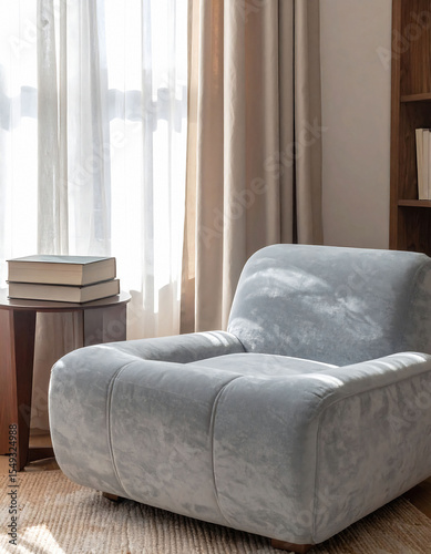 Cozy reading nook featuring an inviting armchair bathed in soft sunlight. Depicts relaxation, comfort, and a modern, tranquil living space. Ideal for home decor  lifestyle.