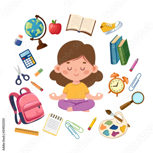 Back to School. Vector concept of education, school supplies and a girl meditating while sitting in lotus pose
