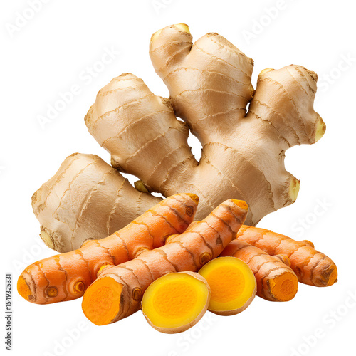 Ginger and Turmeric Still Life Roots with Sliced Pieces Isolated
