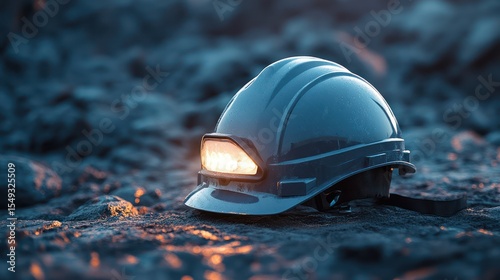 Illuminated hard hat rests on rocks at dusk, mine safety