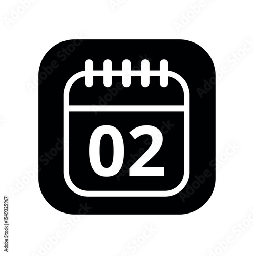White hollowed out calendar icon isolated on black background for websites and graphic resources. Calendar flat icon with specific day marked, day 02.