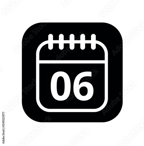 White hollowed out calendar icon isolated on black background for websites and graphic resources. Calendar flat icon with specific day marked, day 06.