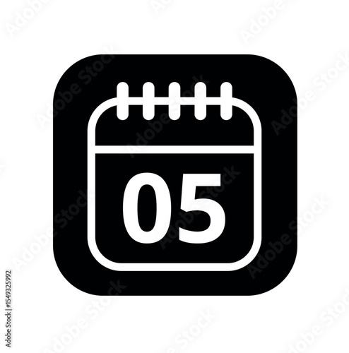 White hollowed out calendar icon isolated on black background for websites and graphic resources. Calendar flat icon with specific day marked, day 05.