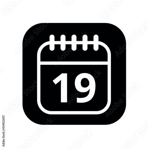 White hollowed out calendar icon isolated on black background for websites and graphic resources. Calendar flat icon with specific day marked, day 19.