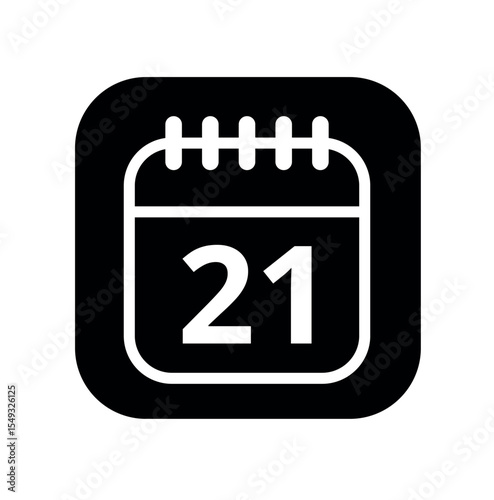 White hollowed out calendar icon isolated on black background for websites and graphic resources. Calendar flat icon with specific day marked, day 21.