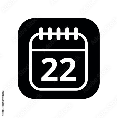 White hollowed out calendar icon isolated on black background for websites and graphic resources. Calendar flat icon with specific day marked, day 22.