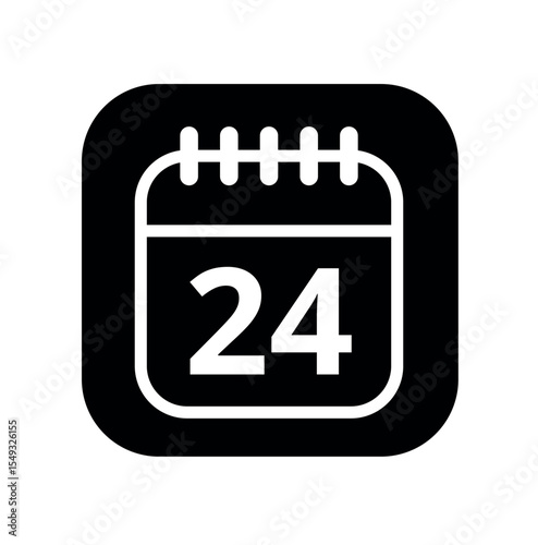 White hollowed out calendar icon isolated on black background for websites and graphic resources. Calendar flat icon with specific day marked, day 24.