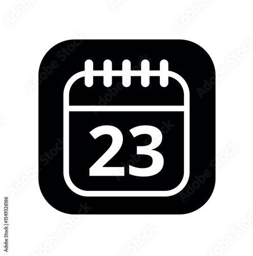 White hollowed out calendar icon isolated on black background for websites and graphic resources. Calendar flat icon with specific day marked, day 23.