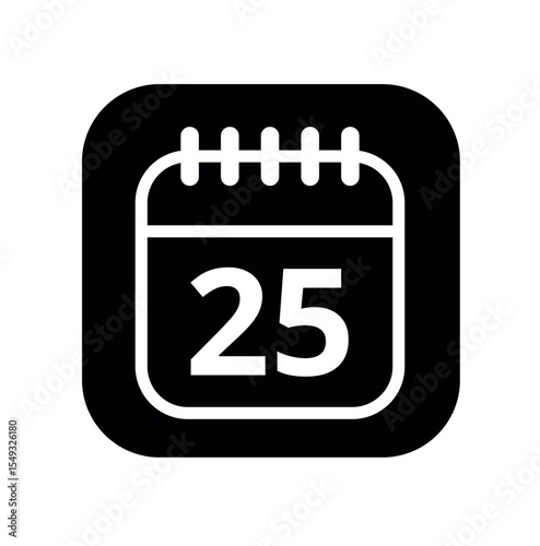 White hollowed out calendar icon isolated on black background for websites and graphic resources. Calendar flat icon with specific day marked, day 25.
