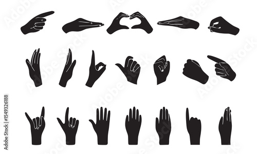 Hand vector silhouette, detailed hand gestures, positions, signs. Ideal arm, hands for illustrations, logos, icons