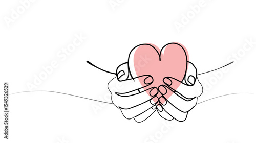 continuous drawing of hands in one line. big and small hand with heart in the middle.