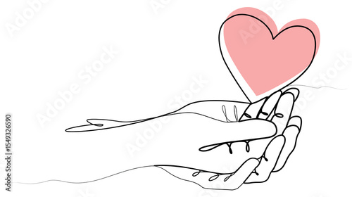 continuous drawing of hands in one line. big and small hand with heart in the middle.