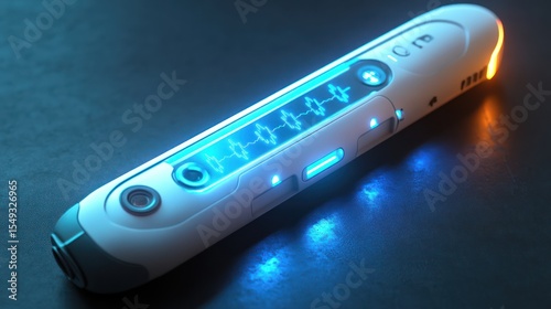 Futuristic medical scanner, glowing, dark background, healthcare tech