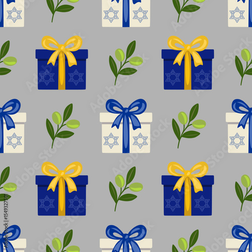 Seamless vector pattern featuring festive Hanukkah gift boxes with Star of David, adorned with blue and yellow ribbons, and olive branches on a gray background, ideal for holiday designs and textil...