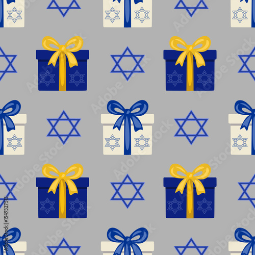 Seamless vector pattern featuring blue and beige gift boxes with Star of David symbols and yellow and blue bows, ideal for Hanukkah or Jewish holiday celebrations.