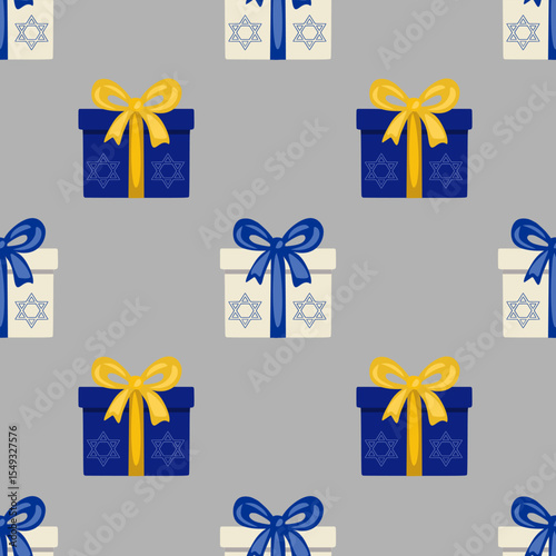 Seamless vector pattern of gift boxes with Star of David, perfect for Hanukkah or Jewish holiday design, featuring alternating blue and beige boxes with yellow and blue ribbons.