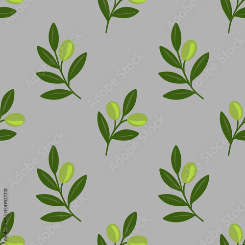 Seamless vector pattern of stylized olive branches with green leaves and olives on a gray background, perfect for textile design or wrapping paper.