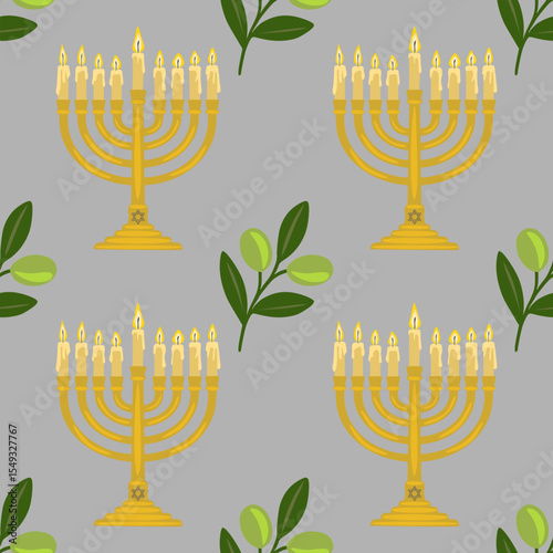 Seamless vector pattern of golden menorahs with burning candles and olive branches on a gray background, perfect for Hanukkah celebrations.